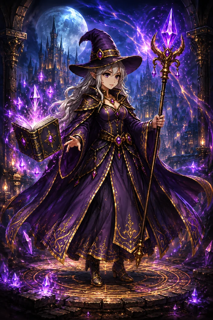 Arcane Sorceress, a purple-robed spellcaster wielding a glowing tome and staff.