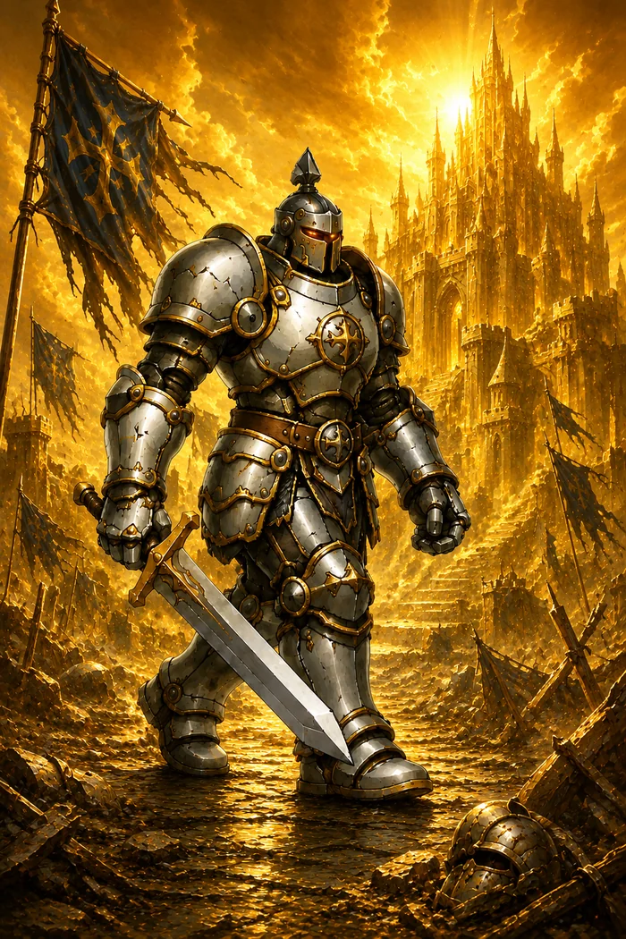 Iron Giant, a hulking suit of animated armor wielding a massive sword.