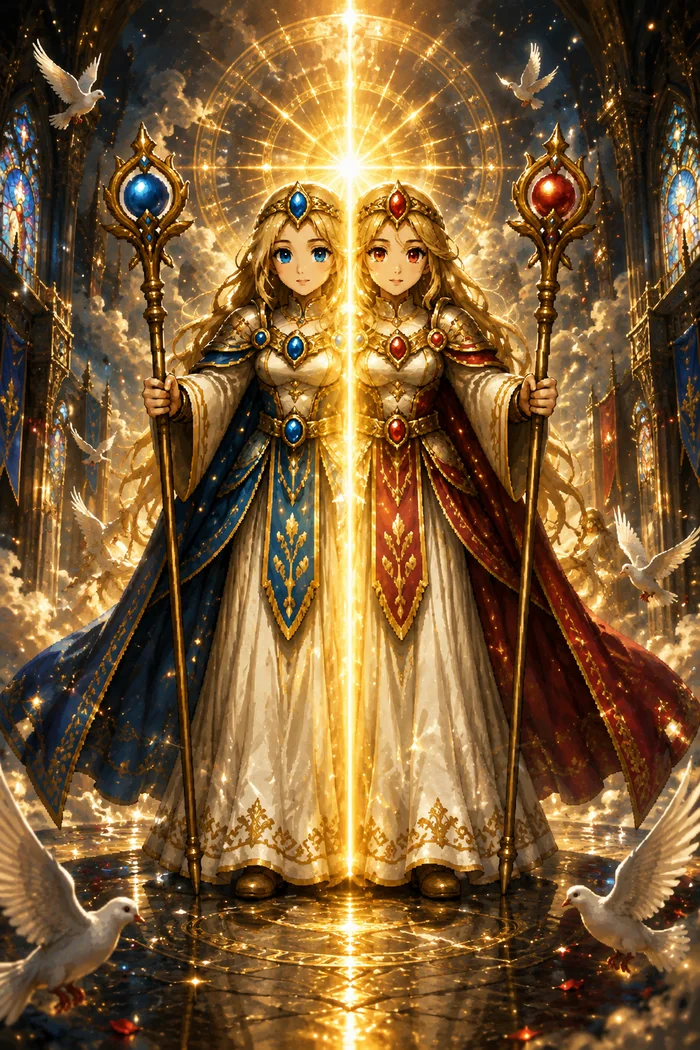 Alice, twin-robed priestess holding a jeweled staff, bathed in golden light.