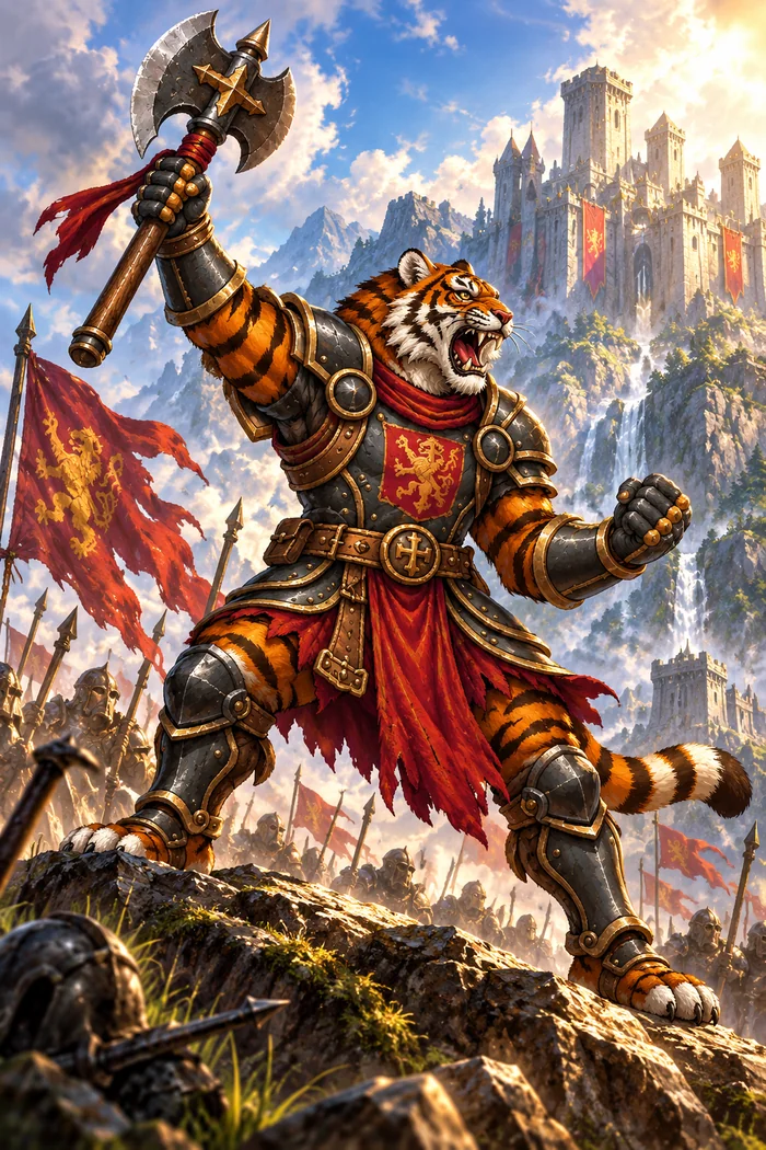 Tiger Claw, an armored tiger warrior wielding a great axe before a mountain castle.