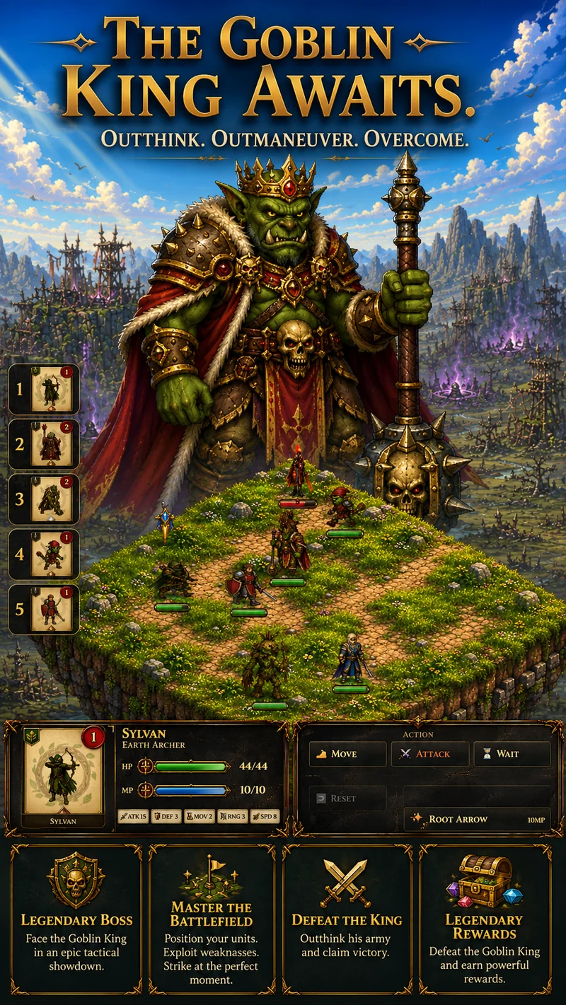 The Goblin King, a towering armored warlord, looms over a tactical battle in progress.
