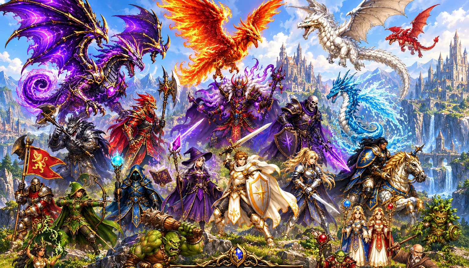 The champions of Bramble Realms — knights, mages, dragons and warriors — assembled before a distant castle.