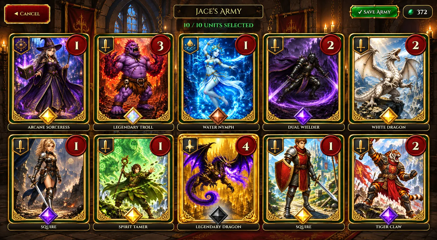 Army builder screen showing a second 10-unit army with dragons, mages and knights.