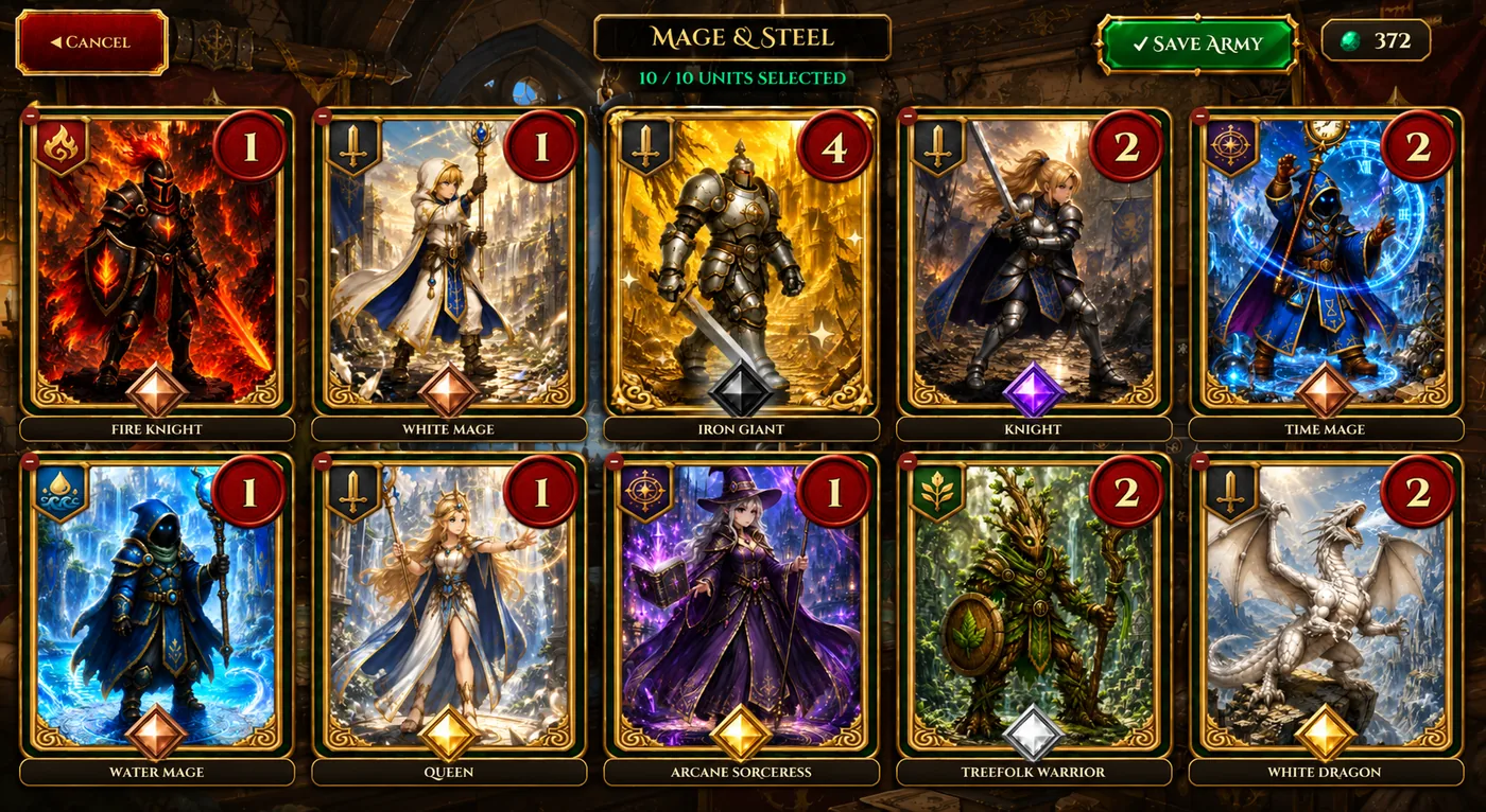 Army builder screen showing a 10-unit army named Mage & Steel.